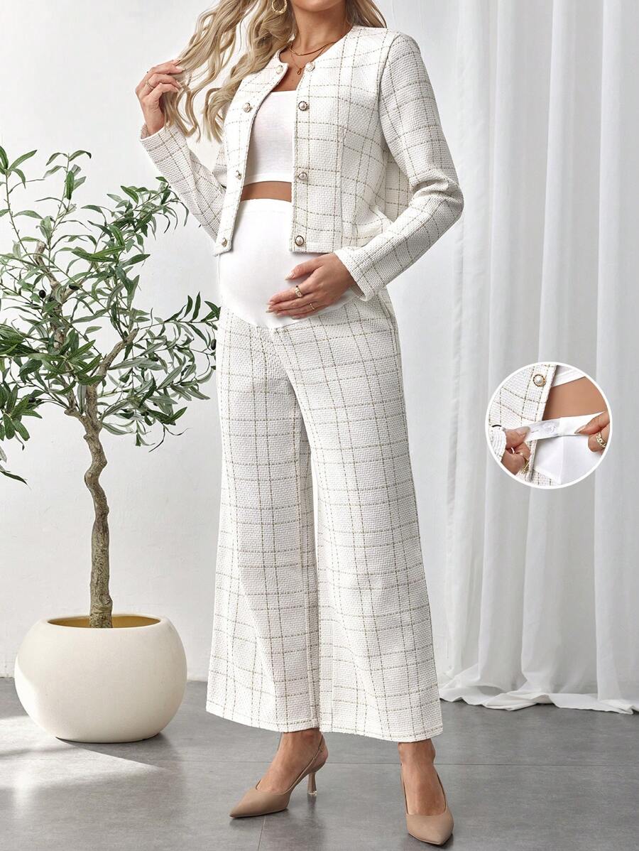 SHEIN 2pcs Maternity Plaid Long Sleeve Single-Breasted Jacket & Adjustable Waist Pants Casual Outfit