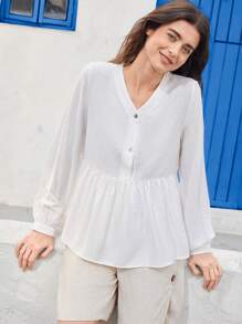 EMERY ROSE Women's Solid Color Button Front Long Sleeve Pleated Simple Casual Shirt - White - View 5