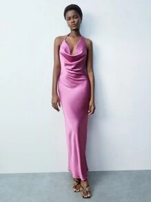 Maija 优雅挂脖垂坠粉色长款修身连衣裙，适合春夏派对、情人节、时尚节日 - 玫紅色 - 查看 2