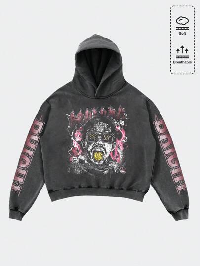 Street Life Sudadera con capucha estampada desgastada para hombre, ropa urbana