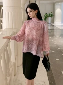 DAZY Camisa suelta de manga larga con estampado floral y lazo delantero para mujer, adecuada para primavera y verano