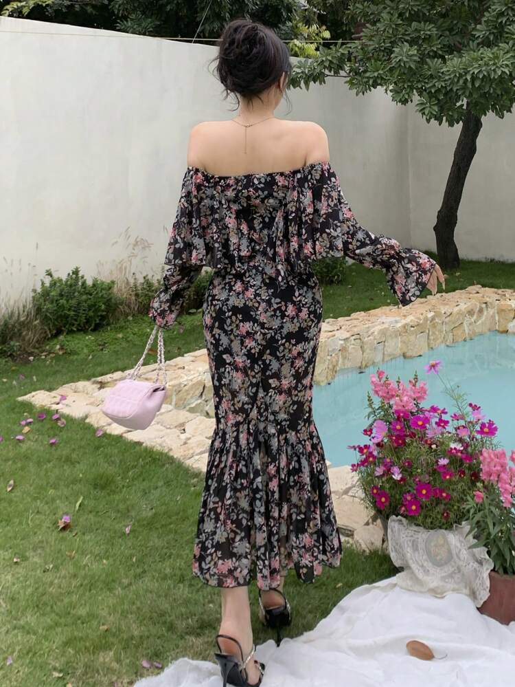 Floral All-Over Print Off Shoulder Ruffle Hem Midi Dress For Women,Fall Dress Long Sleeve Dress Boho