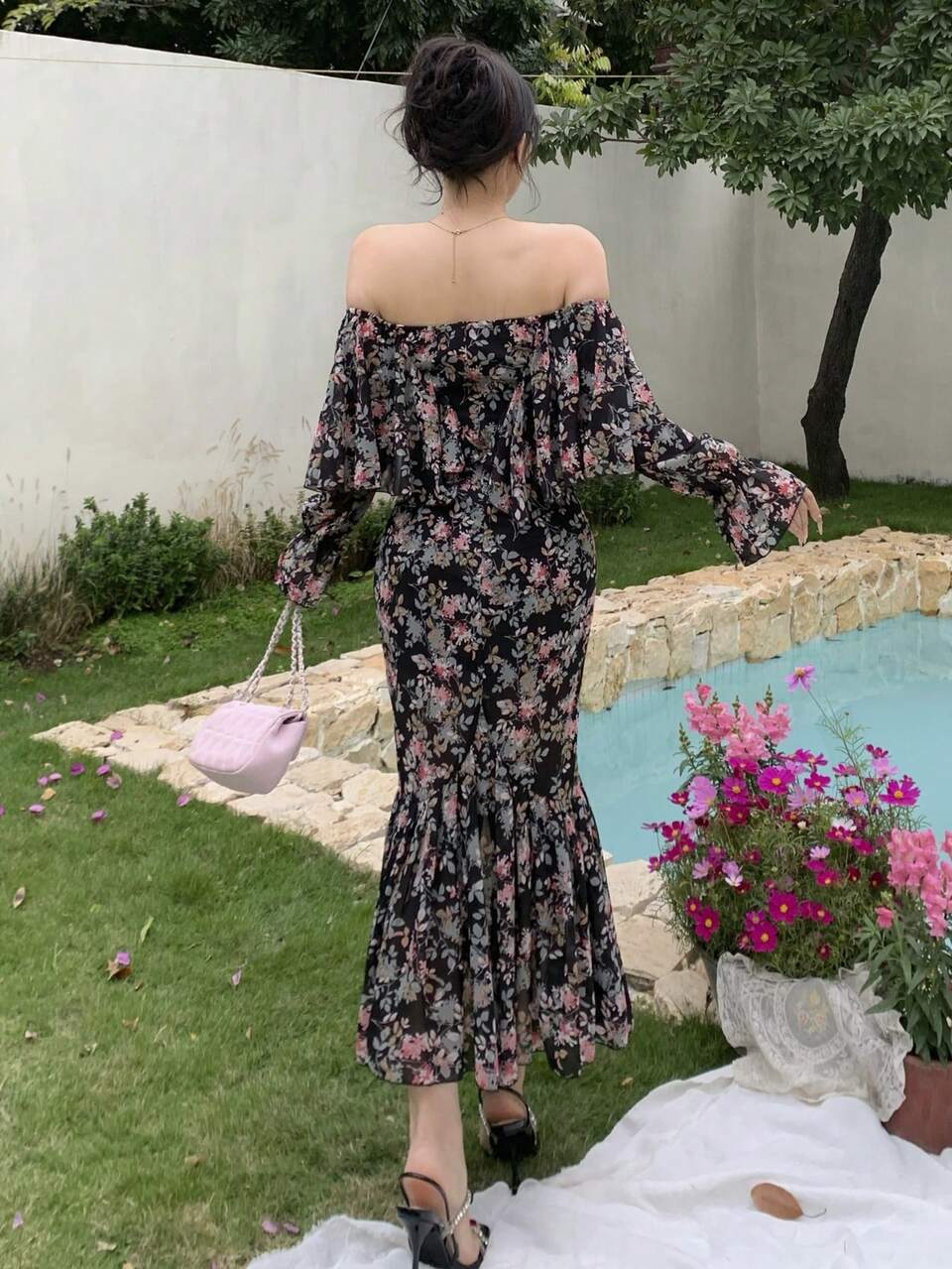 Floral All-Over Print Off Shoulder Ruffle Hem Midi Dress For Women,Fall Dress Long Sleeve Dress Boho Vacation Outfits Women
