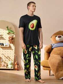 Happy Jammies Men Avocado Print Short Sleeve Round Neck Top And Pants Loose Home Service 2pcs Set