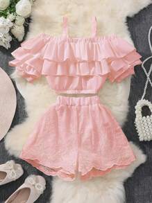 SHEIN 2pcs/Set Tween Girl Ruffled Embroidered Shorts Set - Pink - View 2