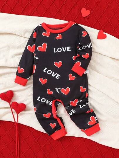 Baby Jungen Valentinstag Herz Muster Schwarz und Rot Langarm Jumpsuit