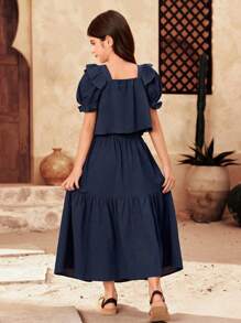 SHEIN Tween 女孩休闲两件套：宽松方领荷叶边泡泡袖上衣和裙子 - 白色 - 查看 2