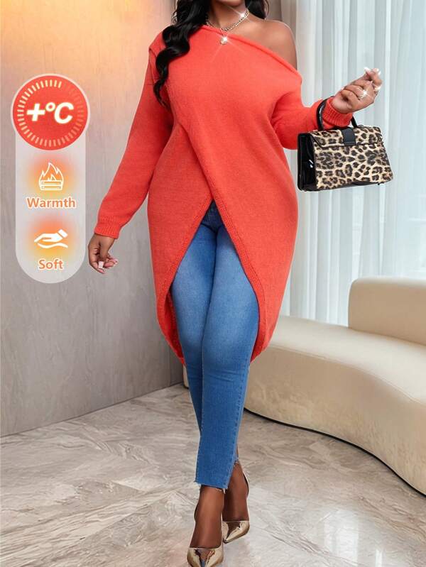 SHEIN Lady Autumn And Winter Elegant Knitted Off The Shoulder Asymmetrical Long Sleeve Plus Size Sweaters Fall Women Sweaters