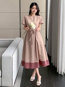 DAZY Damen einfarbiges Patchwork-Kleid mit rundem Ausschnitt, kurzen Ärmeln, einfaches Casual-Kleid, Sommerkleid, Maxikleid - Pink - Übersicht 3