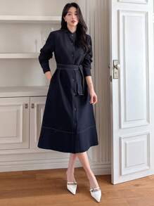 DAZY 女式撞色饰边中长系带连衣裙，秋季连衣裙