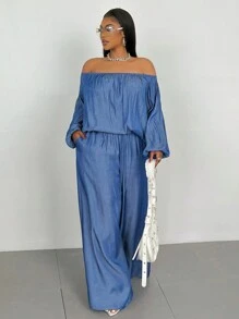 Maweii Women Plus Size Solid Color Off Shoulder Lantern Sleeve Shirt & Wide Leg Pants 2 Pieces Casual Set Fall Cloth For Women