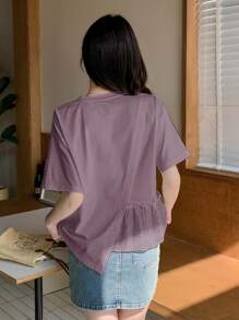 DAZY Kaos Kasual Wanita Warna Polos Leher Bulat Lengan Pendek Hem Asimetris, Ruffle - Purple - View 2