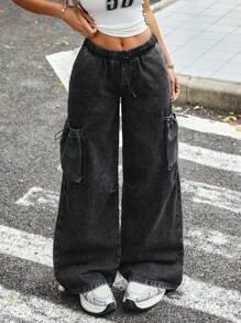 SHEIN PETITE Quần jeans ống rộng cạp thấp dáng rộng cho nữ, màu xám đậm - Màu xám đen - Xem 1