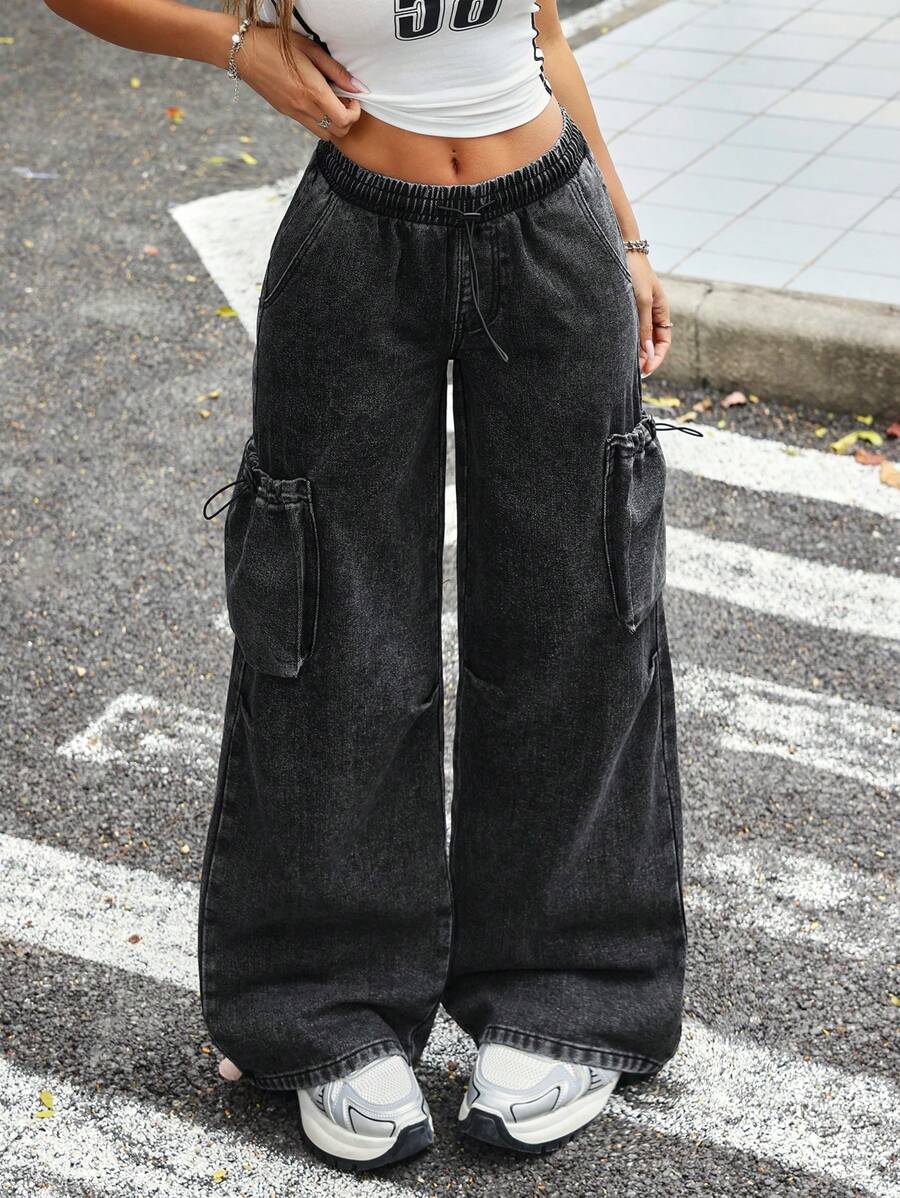 SHEIN PETITE Quần jeans ống rộng cạp thấp dáng rộng cho nữ, màu xám đậm - Màu xám đen - Xem 1