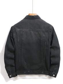 Manfinity Homme Men's Ripped Single Breasted Casual Denim Jacket, Autumn - Black - View 2