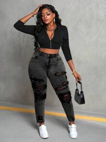 SHEIN ICON Quần Jeans Denim Co Giãn Ôm Sát Gợi Cảm Cỡ Lớn Có Miếng Dán Ren Rách - màu đen - Xem 5