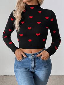 SHEIN LUNE Jersey corto de mujer con cuello alto, manga larga y patrón de corazones, para otoño/invierno