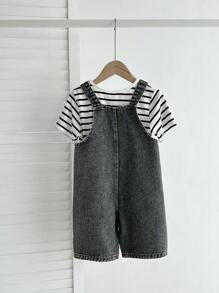 Set de 2 piezas niño (pequeño) con top casual de cuello redondo y manga corta, y pantalones tipo babero - Multicolor - Ver 2