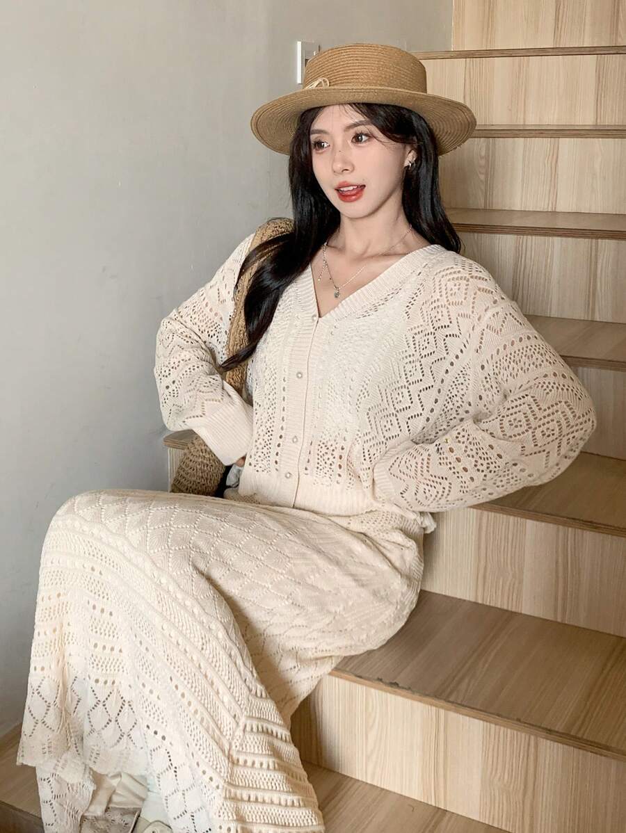 FRIFUL 2pcs Women's Set: Solid Color Button-Front Long Sleeve Hollow Minimalist Blouse And Skirt