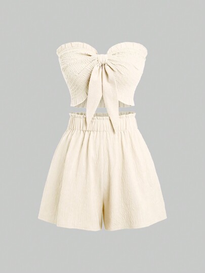 Sweetra 2pcs Women Solid Front Knot Camisole Top And Shorts Casual Co-Ord Set