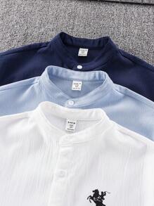 SHEIN 3 件套儿童青少年男童休闲假日纯色拼布撞色领印花短袖宽松衬衫，多件装 3 种不同设计，适合通勤、上学、日常休闲、旅行、运动、春季、夏季、秋季、冬季 - 彩色 - 查看 5