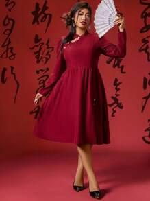 SHEIN Unity Plus Size Retro Chinese Style Red Qipao Dress For Chinese New Year Fall Cloth For Women - Red - View 7