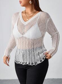 INAWLY Plus Size Women's Solid Color V-Neck Long Sleeve Distressed Slim Fit Pullover Sweater, For Winter Knit Pullover Fall - Beige - View 5