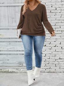 INAWLY Women's V-Neck Long Sleeve Side Button Decoration Pleated Soft Knit Casual Plus Size T-Shirt, Autumn/Winter