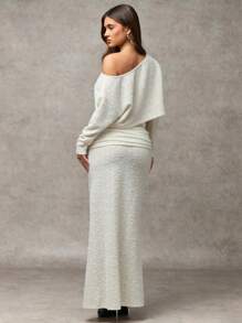 SHEIN BAE 女士休闲斜肩长袖上衣和裙子2件套 - 白色 - 查看 2