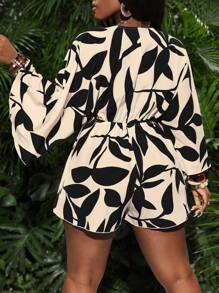 Slaydiva 大码女式假日休闲 V 领宽松树叶风景印花连体裤配系带腰带，适合夏季