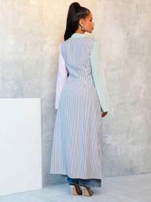 BamGleam Striped Contrast Color Lace-Up Flared Sleeve Coat For Women Fall Cloth For Women - Multicolor - View 2