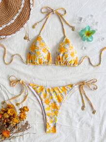 Soleia 2pcs Women's Colorful Floral Graphic Shirred Bikini Set,Swim Suits For Women,Vacation Outfit Women,Summer Outfits For Women,Beach Outfits For Women