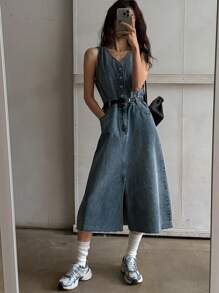 DAZY Women Casual Denim Dress, Minimalist And Fashionable For Everyday Wear Sundress - Blue - View 2