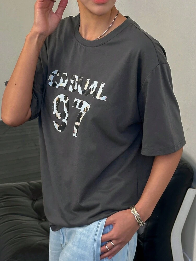 Damen Leoparden-Muster Buchstaben Grafik Locker Lässig Kurzarm Rundhals T-Shirt, Sommer Top Herbst Oberteile