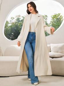 Al Najma Women's Solid Color Spliced Faux Fur Cuff Relaxed Long Elegant Arabic Abaya Coat, Casual Maxi Length Robe Abayas, For Casual Daily/Evening Party - White - View 4