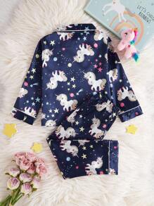 Set de 2 piezas: Blusa con cuello y estampado de moño y pantalones largos casuales cómodos para niña - Multicolor - Ver 2