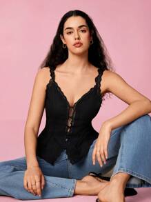 SHEIN Frenchy 女士对比色蕾丝吊带背心 - 黑色 - 查看 4