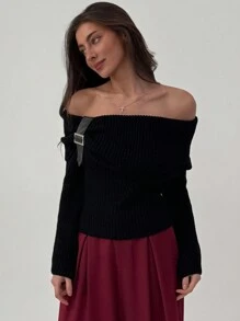 Aloruh Women's Off-Shoulder Long Sleeve Fitted Warm Leather Button Stylish Sweater, Autumn/Winter
