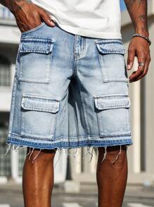 Manfinity Homme 男式多口袋磨边休闲牛仔短裤 - 藍色 - 查看 7