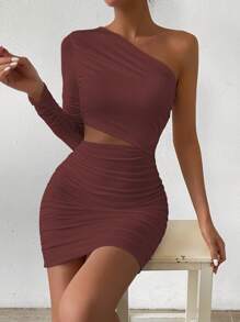 Allurite Đầm ôm body ngắn tay dài bất đối xứng màu trơn xẻ eo cho nữ - Gỗ đỏ - Xem 3