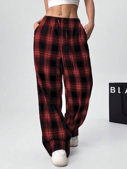 SHEIN EZwear Women's Loose Plaid Drawstring Waist Cargo Pants With Pockets, Thermal Lined