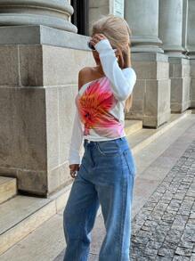 Chiquease 1pc Women's Floral Print Oblique Shoulder Long Sleeve T-Shirt, Minimalist & Fashionable For Casual Daily Wear - White - View 3