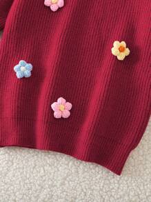 Girls' Handmade Floral Knitted Dress, Tween Girls Round Neck Long Sleeve Cute Elegant Pink Dress - Red - View 4