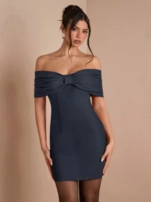 SHEIN BAE Damen Herbst Cocktailkleid mit Schulterausschnitt und Schleifen-Verzierung in Rot, elegantes Design für Partys, Dates, Clubs und gesellige Anlässe - Dunkelgrau - Übersicht 3