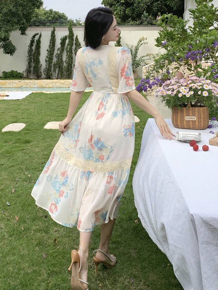 Mid-Length Lace Patchwork Floral Print Ruffle Sleeve Dress For Ladies, Spring Sundress Vacation Outfits Women Easter Dress Boho
