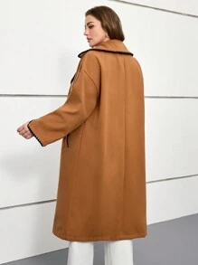 INAWLY Nouvelle veste élégante et décontractée à double face pour l'automne/hiver, manteau long de grande taille pour femmes de couleur chameau avec manches longues, col à volants et bordures contrastées - Camel - Voir 2
