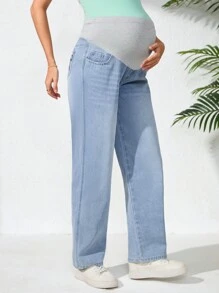 SHEIN Moderskap Tvåfärgad justerbar midja fickor med raka ben Casual jeans - Ljustvätt - Visa 3