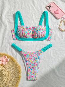 SHEIN Swim Summer Women's Beach Holiday Ditsy Floral Bikini Set - Multicolor - View 1