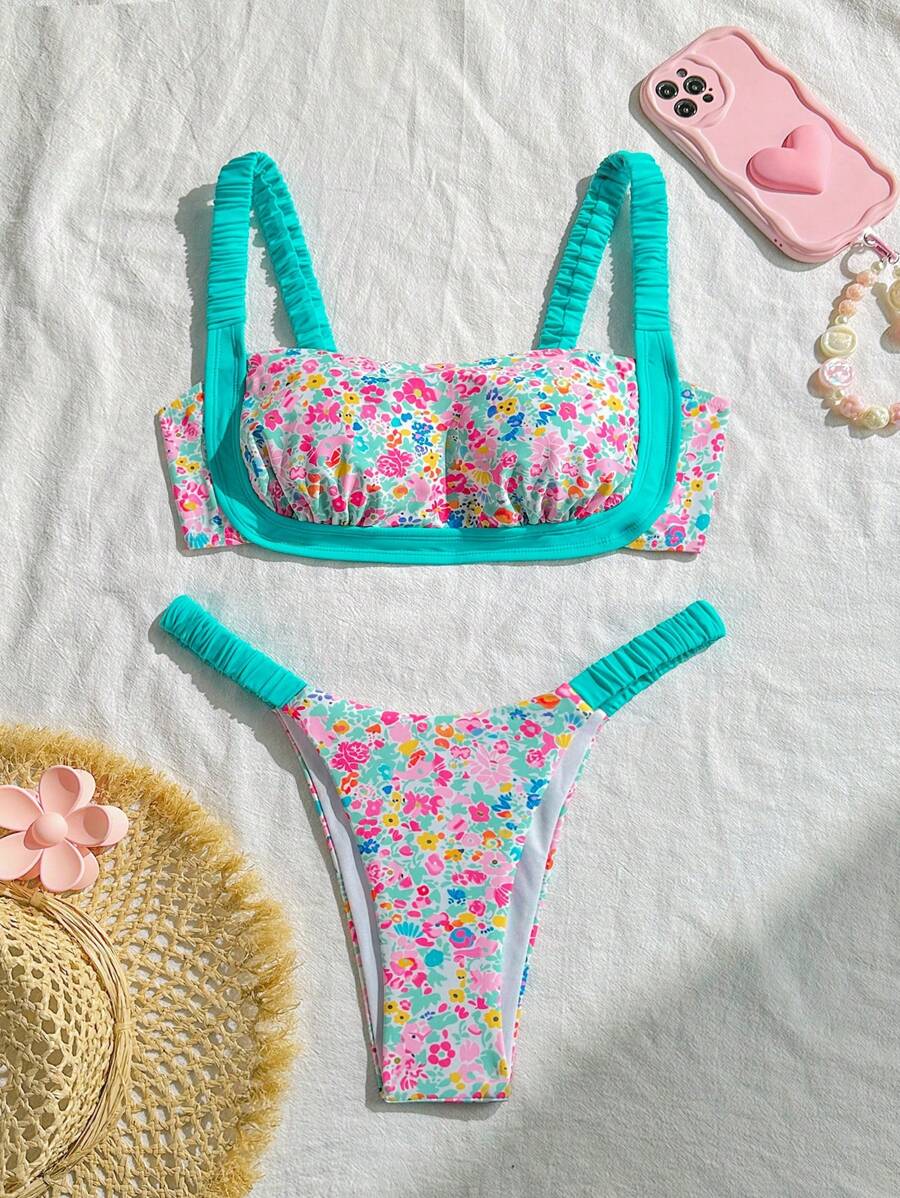 SHEIN Swim Summer Women's Beach Holiday Ditsy Floral Bikini Set - Multicolor - View 1