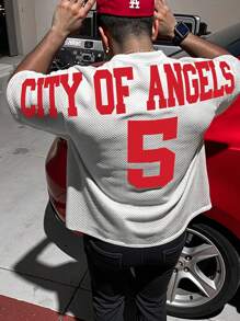 Manfinity EMRG Men's Round Neck Short Sleeve Letter Print Basic Basketball Jersey Style T-Shirt, Casual For Daily Wear - White - View 1